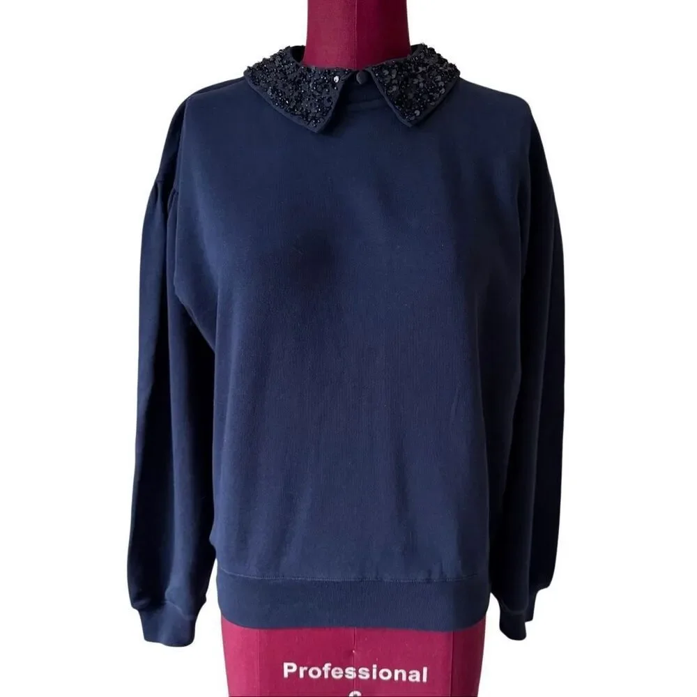 J CREW Crewneck Sweatshirt Top Crystal‎ Peter Pan Collar Navy Blue XS